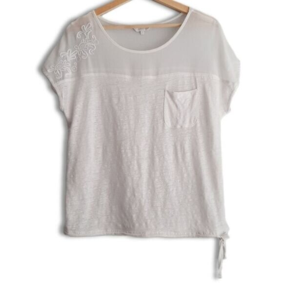 RW&CO Linen Top Semi-Sheer Floral Embroidered Yoke White Top Sz L - Picture 1 of 13